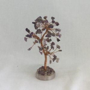 One Amethyst Chinese Tree - purple stone leaves, copper wire branches, pink rounded base - on a white background