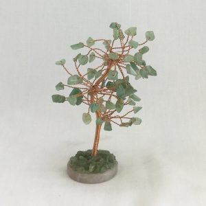 One Aventurine Chinese Tree - green stone leaves, copper wire branches, pink rounded base - on a white background