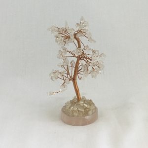 One Quartz Chinese Tree - clear stone leaves, copper wire branches, pink rounded base - on a white background