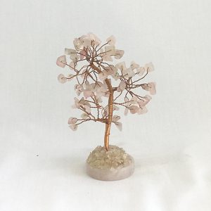 One Rose Quartz Chinese Tree - pink stone leaves, copper wire branches, pink rounded base - on a white background
