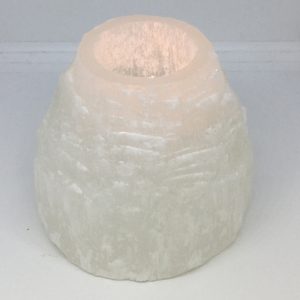 Selenite Tea Light - Mountain holder. 3 tiers of Selenite mass, with candle embedded in the centre.