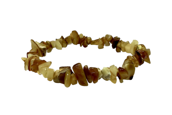 Side view of Amber Chip Bracelet - red and orange chips - on a white background