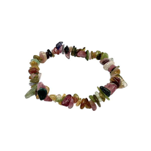 Side view of Tourmaline A Chip Bracelet - black, pink, green chips - on a white background