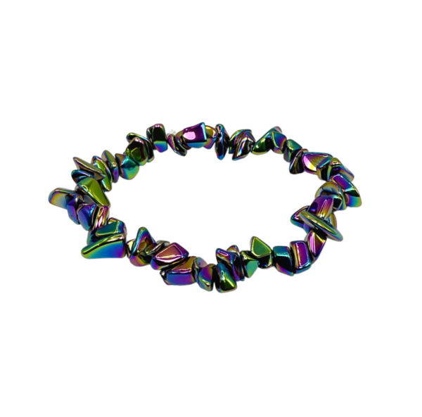 One Haematite Rainbow Chip Bracelet - metallic aura coloured chips - on a white background