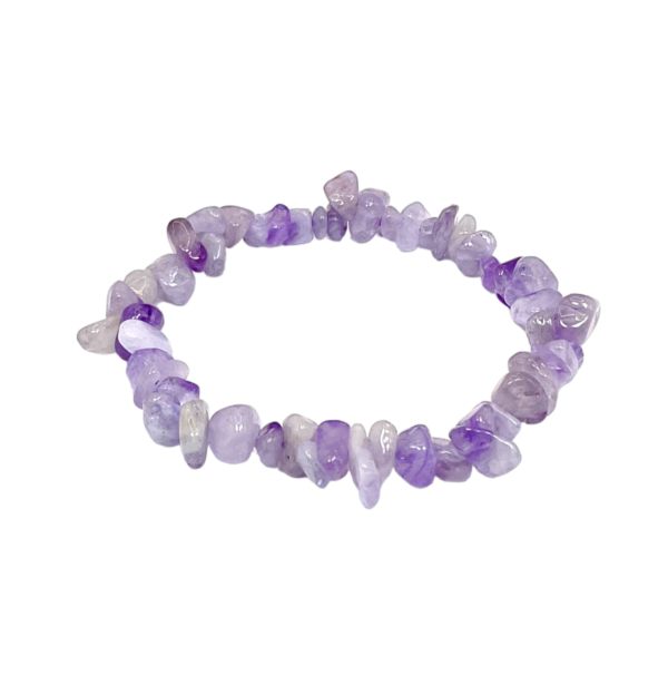 Side view of Amethyst Lavender Chip Bracelet - pale, translucent purple chips - on a white background