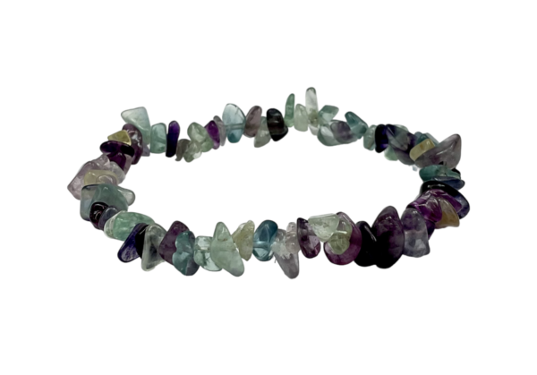 Side view of Fluorite Chip bracelet - translucent purple, green and blue chips - on a white background