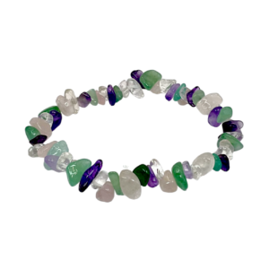 Side view of Mixed 4 Stone Chip bracelet -pink, green, purple and clear quartz chips - on a white background
