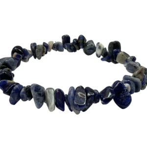 Side view of Sodalite Chip Bracelet - blue and white chips - on a white background