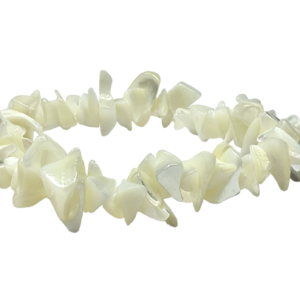 Side view of Mother of Pearl Chip Bracelet - pearlescent cream chips - on a white background