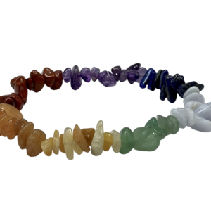 Side view of Chakra 7 Stone Chip Bracelet - blue, orange, red, yellow, purple, green, light blue chips - on a white background