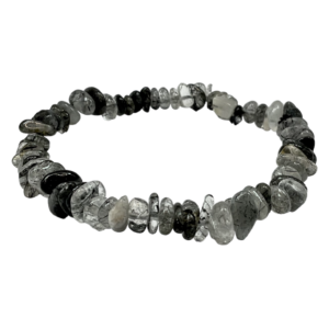 Side view of Tourmalinated Quartz Chip Bracelet -translucent with black strings chips - on a white background