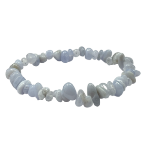 Side view of Blue Lace Agate Round Chip Bracelet - blue and white chips - on a white background