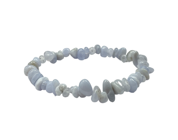 Side view of Blue Lace Agate Round Chip Bracelet - blue and white chips - on a white background