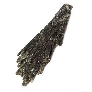 One piece of Black Kyanite - rough black rock in the shape of a feather - on a white background