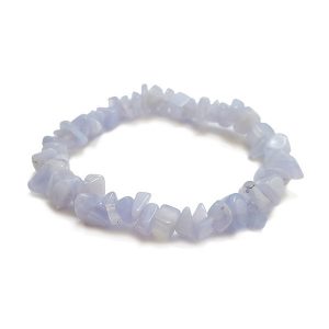 Side view of Blue Lace Agate Chip Bracelet - blue and white chips - on a white background