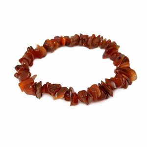 Side view of Carnelian Agate Chip Bracelet - red and orange chips - on a white background