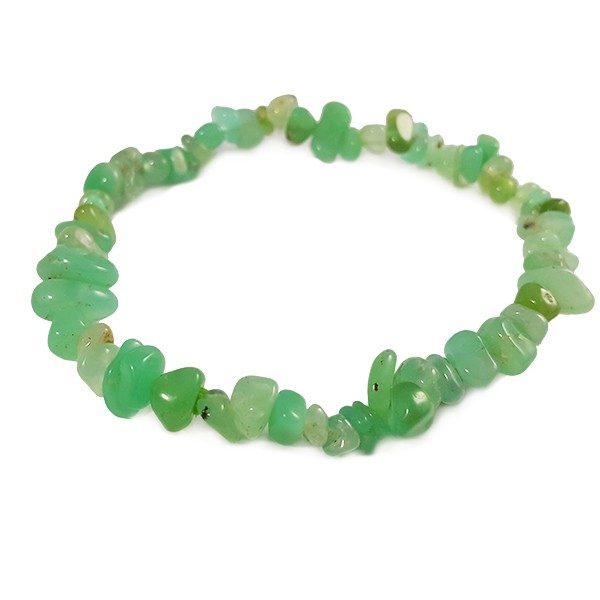 Side view of Chrysoprase A chip bracelet - light green chips on an elastic string - on a white background