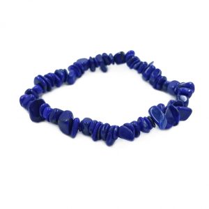 Side view of Lapis A Chip Bracelet - dark blue with grey and gold banding - on a white background