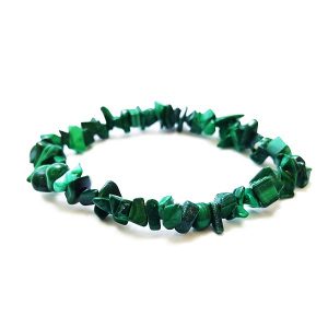 Side view of Malachite Chip bracelet -light and dark green chips - on a white background
