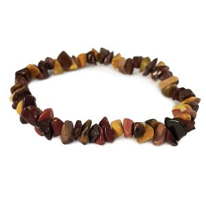 Side view of Mookaite Chip Bracelet - red and yellow chips - on a white background