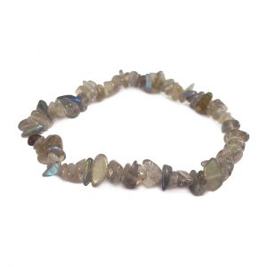 Side view of Labradorite AA Chip Bracelet - grey and green stone with blue flashes - on a white background