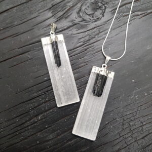 Two Selenite Tourmaline pendants - long, white rectangles with small black tourmaline stones embedded