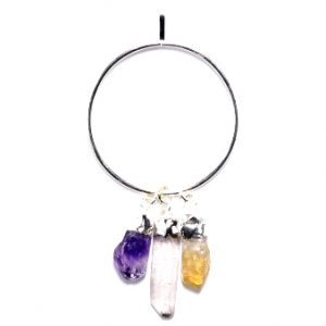 Example of Amethyst/Quartz/Citrine Ring Pendant - one clear crystal, one purple amethyst, one orange citrine - on a white background