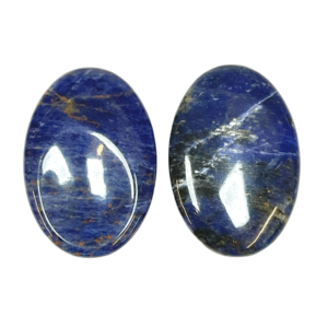 Two Sodalite Thumb Stones - blue with white and brown veining - on a white background