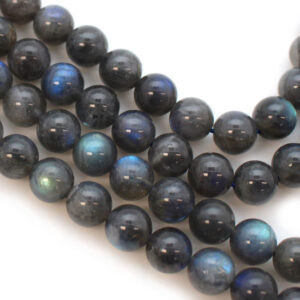Close up of Labradorite Round Beads - dark grey with blue flashes coloured spheres.