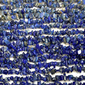 High volume of rows of Lapis chip necklaces - blue with grey and gold banding