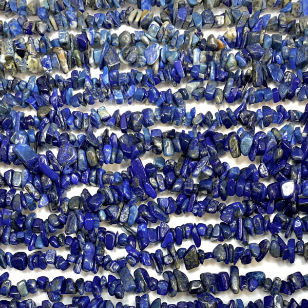 High volume of rows of Lapis chip necklaces - blue with grey and gold banding