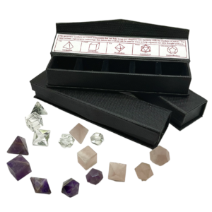 Example of Platonic set - long black box box with 5 dividers containing different geometric shapes in rose quartz, amethyst and quartz - pyramid, hexahedron, octahedron, icosahedron, dodecahedron.