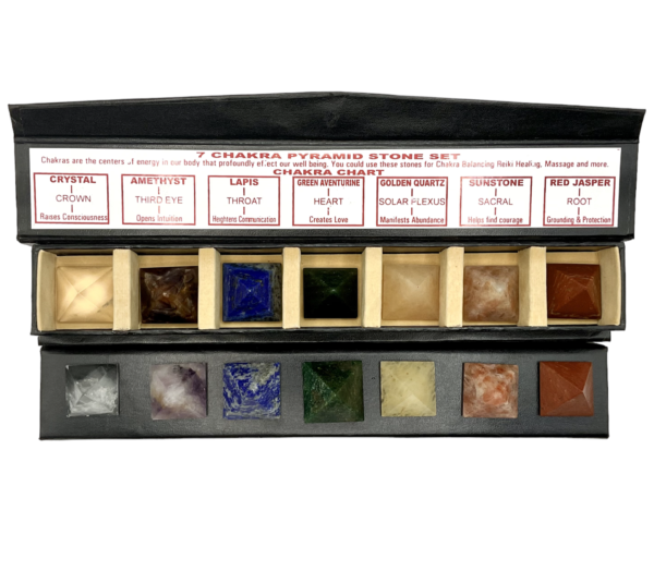 Example of a chakra pyramid set - long black box with 7 dividers containing a different colour pyramid. Clear, pink, blue, green, yellow, orange and red.