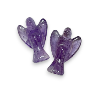 Two Amethyst Angels Small viewed from the front - translucent purple rock - on a white background