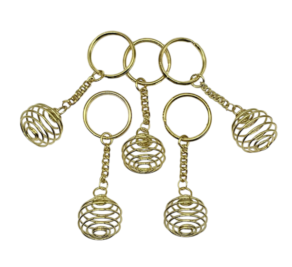 Five gold plated cage spirals on keyring, on a white background
