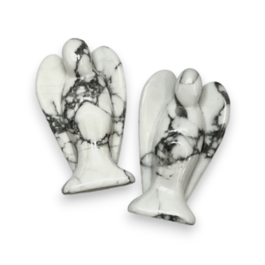 Two Howlite Angels Medium viewed from the front - white with black veining- on a white background