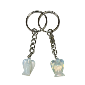 Two Opalite Angel Keyrings - translucent pearlescent glass - on a silver colour keychain, on a white background