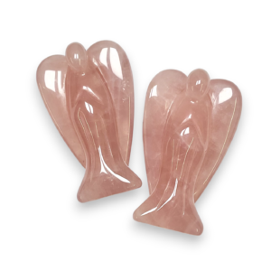 Two Rose Quartz Angels Large viewed from the front - pink rock - on a white background