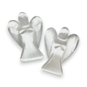 Two Selenite Angels XL viewed from behind - opaque pearlescent white - on a white background