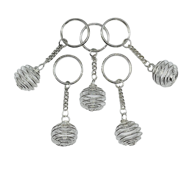 Five metallic spiral keychains - silver with silver chains and keyring - on a white background