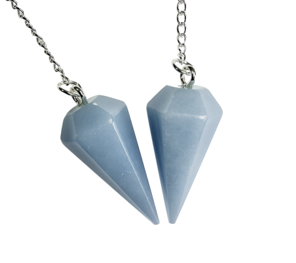 Example of two Angelite Pendulums - pale blue - on a silver chain, on a white background