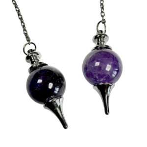 Example of two Amethyst Ball Pendulums - 20mm purple sphere in a silver holder - on a silver chain, on a white background