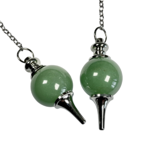 Example of two Aventurine Ball Pendulums - 20mm green sphere in a silver holder - on a silver chain, on a white background