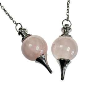 Example of two Rose Quartz Ball Pendulums - 20mm pink sphere in a silver holder - on a silver chain, on a white background