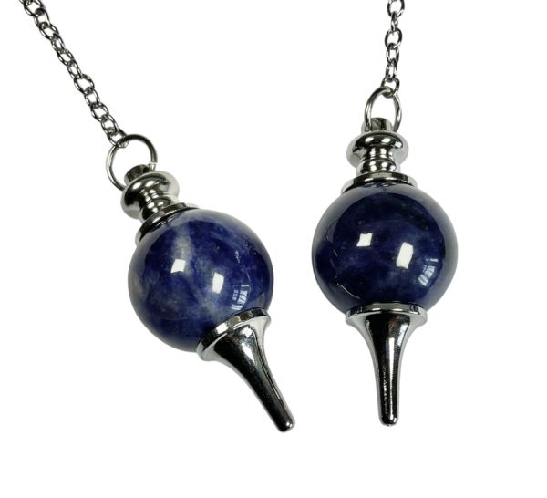 Example of two Sodalite Ball Pendulums - 20mm purple sphere in a silver holder - on a silver chain, on a white background