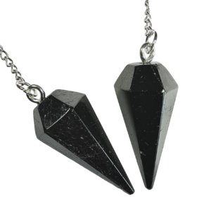 Example of A grade Black Tourmaline Pendulums - black with small rough/white inclusions - on a silver chain, on a white background