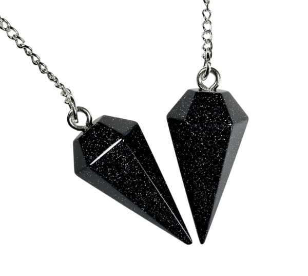 Example of two Blue Goldstone Pendulums - dark blue with copper flecks - on a silver chain, on a white background