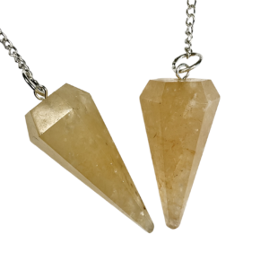 Example of two Golden Quartz Pendulums - orange and yellow - on a silver chain, on a white background