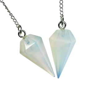 Example of two Opalite Pendulums - opalescent blue - on a silver chain, on a white background