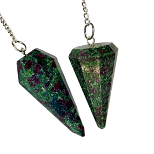 Example of two Ruby in Zoisite Pendulums - green with dark red inclusions - on a silver chain, on a white background